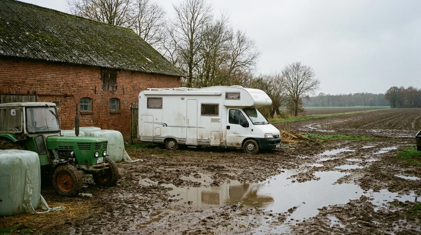 Wohnmobil unter einem Scheunendach auf einem Bauernhof im Kreis Plön