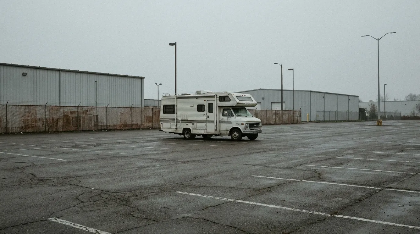 Wohnmobil auf einem anonymen Firmenparkplatz in einem Gewerbegebiet